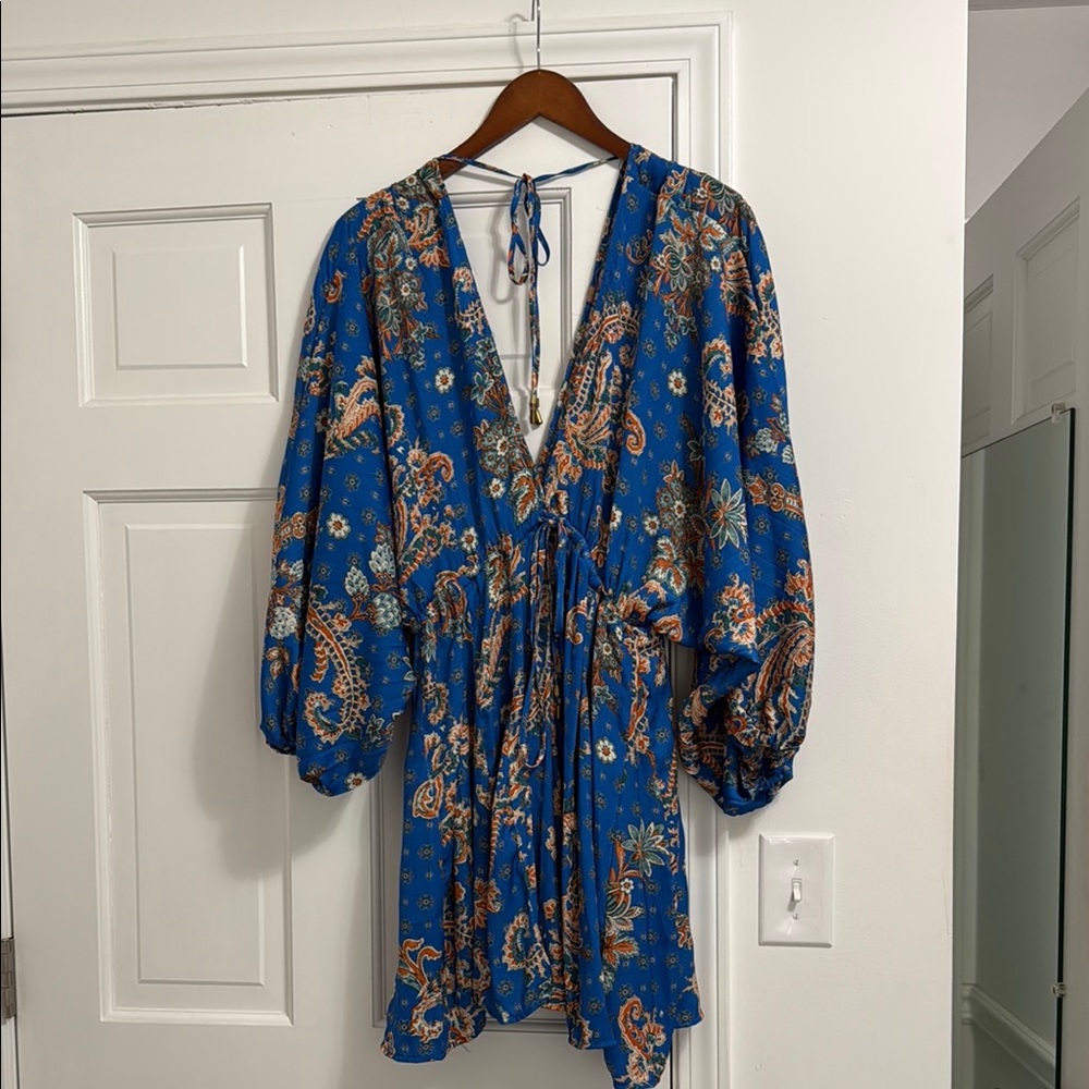 Floral Blue Dress with drawstring and tie back.  Size small
